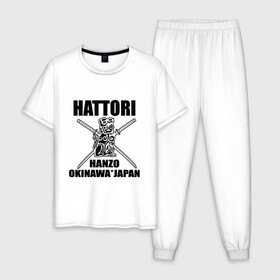 Мужская пижама хлопок с принтом Hattori в Екатеринбурге, 100% хлопок | брюки и футболка прямого кроя, без карманов, на брюках мягкая резинка на поясе и по низу штанин
 | gun | hanzo | hattori | japan | katana | okinawa | samurai | глава | ига | катана | катаны | культура | ниндзя | окинава | оружие | полководец | рода | самурай | статуэтка | сэнгоку | хандзо | хаттори | япония