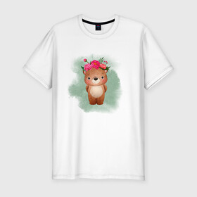 Мужская футболка хлопок Slim с принтом Мишка в Екатеринбурге, 92% хлопок, 8% лайкра | приталенный силуэт, круглый вырез ворота, длина до линии бедра, короткий рукав | венок | косолапый | лес | мишка | цветы