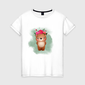 Женская футболка хлопок с принтом Мишка в Екатеринбурге, 100% хлопок | прямой крой, круглый вырез горловины, длина до линии бедер, слегка спущенное плечо | венок | косолапый | лес | мишка | цветы