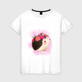 Женская футболка хлопок с принтом Ежик в Екатеринбурге, 100% хлопок | прямой крой, круглый вырез горловины, длина до линии бедер, слегка спущенное плечо | венок | еж | иголки | колючий | цветы