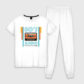 Женская пижама хлопок с принтом 80s Audio Tape Кассета в Екатеринбурге, 100% хлопок | брюки и футболка прямого кроя, без карманов, на брюках мягкая резинка на поясе и по низу штанин | 80 | 80 е | винтаж | кассета | музыка | регги | рэгги | электронная музыка