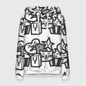 Женская толстовка 3D с принтом Чёрно-белые дудлы в Екатеринбурге, 100% полиэстер  | двухслойный капюшон со шнурком для регулировки, мягкие манжеты на рукавах и по низу толстовки, спереди карман-кенгуру с мягким внутренним слоем. | doodle | белый | ворон | ворона | дудл | дудлы | звезда | кекс | кот | котэ | кошка | сердечко | сердце | чёрно белый | чёрный