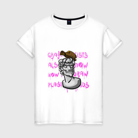 Женская футболка хлопок с принтом Голова Давида в Екатеринбурге, 100% хлопок | прямой крой, круглый вырез горловины, длина до линии бедер, слегка спущенное плечо | гипсовая голова | граффити | микеланджело | стилизация