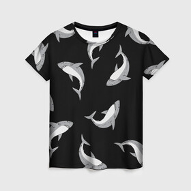 Женская футболка 3D с принтом Акулы в Екатеринбурге, 100% полиэфир ( синтетическое хлопкоподобное полотно) | прямой крой, круглый вырез горловины, длина до линии бедер | shark | акула | дикий | животные | рыба | хищник