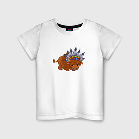 Детская футболка хлопок с принтом Зубр индеец в Екатеринбурге, 100% хлопок | круглый вырез горловины, полуприлегающий силуэт, длина до линии бедер | Тематика изображения на принте: зверь | зубр | зубр индеец | перья | рисунок