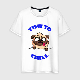 Мужская футболка хлопок с принтом Time to chill | Время чилить в Екатеринбурге, 100% хлопок | прямой крой, круглый вырез горловины, длина до линии бедер, слегка спущенное плечо. | chill | relax | time | время | мопс | отдыхать | пес | собака | чилить | чилл
