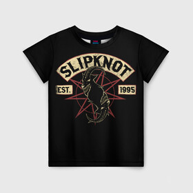 Детская футболка 3D с принтом Slipknot (1995) в Екатеринбурге, 100% гипоаллергенный полиэфир | прямой крой, круглый вырез горловины, длина до линии бедер, чуть спущенное плечо, ткань немного тянется | metal | music | rock | slipknot | козел | логотип | металл | музыка | надпись | пентаграмма | рок | слипкнот | узор | цифры | чб | череп