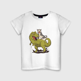 Детская футболка хлопок с принтом Хаски верхом на Динозавре в Екатеринбурге, 100% хлопок | круглый вырез горловины, полуприлегающий силуэт, длина до линии бедер | dinosaur | dog | funny | husky | oil | rex | t rex | большой динозавр | в луже | динозавры приколы | лужа | маламут | нефть | огромный динозавр | порода | прикол | рекс | сибирский хаски | смешной хаски | собака