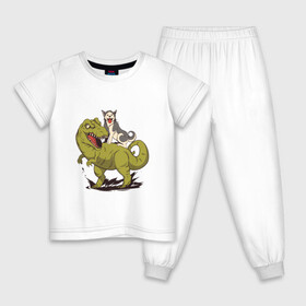 Детская пижама хлопок с принтом Хаски верхом на Динозавре в Екатеринбурге, 100% хлопок |  брюки и футболка прямого кроя, без карманов, на брюках мягкая резинка на поясе и по низу штанин
 | Тематика изображения на принте: dinosaur | dog | funny | husky | oil | rex | t rex | большой динозавр | в луже | динозавры приколы | лужа | маламут | нефть | огромный динозавр | порода | прикол | рекс | сибирский хаски | смешной хаски | собака