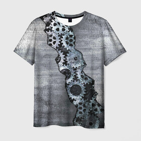 Мужская футболка 3D с принтом Шестеренки в Екатеринбурге, 100% полиэфир | прямой крой, круглый вырез горловины, длина до линии бедер | метал | механизм | разлом | сталь | шестеренки