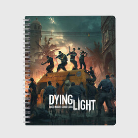 Тетрадь с принтом Dying Light в Екатеринбурге, 100% бумага | 48 листов, плотность листов — 60 г/м2, плотность картонной обложки — 250 г/м2. Листы скреплены сбоку удобной пружинной спиралью. Уголки страниц и обложки скругленные. Цвет линий — светло-серый
 | Тематика изображения на принте: dying light | dying light 2 | game | games | zomby | апокалипсис | даинг лайт | два | дуинг лайт | зомби | зомби апокалипсис | игра | игры