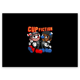 Поздравительная открытка с принтом CUP FICTION в Екатеринбурге, 100% бумага | плотность бумаги 280 г/м2, матовая, на обратной стороне линовка и место для марки
 | art | cartoon | cup | cuphead | devil | dice | fiction | game | king | mugman | pulp | the | арт | бос | босс | голова | демон | дьявол | игра | капхед | криминальное | магмен | мультик | мультфильм | платформер | чаша | чашка | человек | черт 