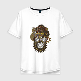 Мужская футболка хлопок Oversize с принтом Steampunk череп в Екатеринбурге, 100% хлопок | свободный крой, круглый ворот, “спинка” длиннее передней части | cogwheel | cogwheels | gear | gears | goggles | hat | head | mechanical | skeleton | skull | steampunk | top hat | голова | колесо | механик | механическое | очки | робот | скелет | стимпанк | фантастика | цилиндр | череп | шестерни | шляпа