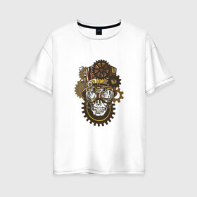 Женская футболка хлопок Oversize с принтом Steampunk череп в Екатеринбурге, 100% хлопок | свободный крой, круглый ворот, спущенный рукав, длина до линии бедер
 | cogwheel | cogwheels | gear | gears | goggles | hat | head | mechanical | skeleton | skull | steampunk | top hat | голова | колесо | механик | механическое | очки | робот | скелет | стимпанк | фантастика | цилиндр | череп | шестерни | шляпа