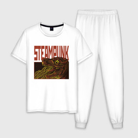 Мужская пижама хлопок с принтом Стимпанк Дино | Steampunk T-Rex (Z) в Екатеринбурге, 100% хлопок | брюки и футболка прямого кроя, без карманов, на брюках мягкая резинка на поясе и по низу штанин
 | Тематика изображения на принте: steam punk | steamfest | steampunk | бойлерпанк | дизельпанк | клокпанк | маннерпанк | механика | научная фантастика | паро панк | паровой панк | паропанк | стим панк | стимпанк | стимпанк стиль | стимфест
