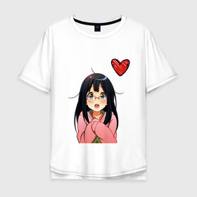 Мужская футболка хлопок Oversize с принтом Anime love в Екатеринбурге, 100% хлопок | свободный крой, круглый ворот, “спинка” длиннее передней части | anime | аниме | девушка | очки | сердце | смущение | тян