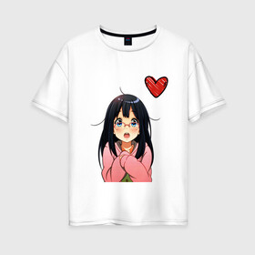 Женская футболка хлопок Oversize с принтом Anime love в Екатеринбурге, 100% хлопок | свободный крой, круглый ворот, спущенный рукав, длина до линии бедер
 | anime | аниме | девушка | очки | сердце | смущение | тян