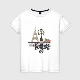 Женская футболка хлопок с принтом Бонжур в Екатеринбурге, 100% хлопок | прямой крой, круглый вырез горловины, длина до линии бедер, слегка спущенное плечо | париж | франция | цветы | эйфелева башня