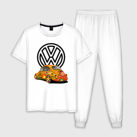 Мужская пижама хлопок с принтом Volkswagen  в Екатеринбурге, 100% хлопок | брюки и футболка прямого кроя, без карманов, на брюках мягкая резинка на поясе и по низу штанин
 | car | volkswagen | жук | классика | машина | скорость