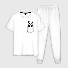 Мужская пижама хлопок с принтом Довольная Панда в Кармане в Екатеринбурге, 100% хлопок | брюки и футболка прямого кроя, без карманов, на брюках мягкая резинка на поясе и по низу штанин
 | animals | beats | head | panda | pocket | в кармане | голова | животные | звери | лапки | любовь | панда | улыбка