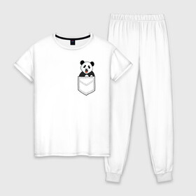 Женская пижама хлопок с принтом Довольная Панда в Кармане в Екатеринбурге, 100% хлопок | брюки и футболка прямого кроя, без карманов, на брюках мягкая резинка на поясе и по низу штанин | animals | beats | head | panda | pocket | в кармане | голова | животные | звери | лапки | любовь | панда | улыбка