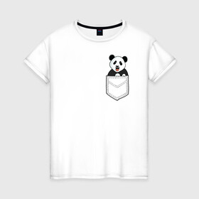 Женская футболка хлопок с принтом Довольная Панда в Кармане в Екатеринбурге, 100% хлопок | прямой крой, круглый вырез горловины, длина до линии бедер, слегка спущенное плечо | animals | beats | head | panda | pocket | в кармане | голова | животные | звери | лапки | любовь | панда | улыбка
