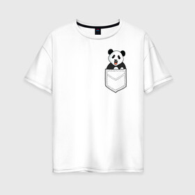 Женская футболка хлопок Oversize с принтом Довольная Панда в Кармане в Екатеринбурге, 100% хлопок | свободный крой, круглый ворот, спущенный рукав, длина до линии бедер
 | animals | beats | head | panda | pocket | в кармане | голова | животные | звери | лапки | любовь | панда | улыбка