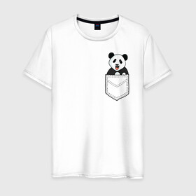Мужская футболка хлопок с принтом Довольная Панда в Кармане в Екатеринбурге, 100% хлопок | прямой крой, круглый вырез горловины, длина до линии бедер, слегка спущенное плечо. | animals | beats | head | panda | pocket | в кармане | голова | животные | звери | лапки | любовь | панда | улыбка
