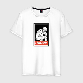 Мужская футболка хлопок с принтом Happy в Екатеринбурге, 100% хлопок | прямой крой, круглый вырез горловины, длина до линии бедер, слегка спущенное плечо. | happy | sad | грусть | депрессия | настроение | счастье | человек