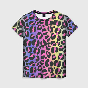 Женская футболка 3D с принтом Neon Leopard Pattern в Екатеринбурге, 100% полиэфир ( синтетическое хлопкоподобное полотно) | прямой крой, круглый вырез горловины, длина до линии бедер | africa | afrika | gradient | summer | tropical | африка | африканский узор | градиент | леопард | леопардовый узор | лето | неон | неоновое свечение | паттерт | пятна | разные цвета | саванна | тропики | тропический узор