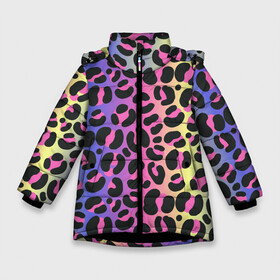 Зимняя куртка для девочек 3D с принтом Neon Leopard Pattern в Екатеринбурге, ткань верха — 100% полиэстер; подклад — 100% полиэстер, утеплитель — 100% полиэстер. | длина ниже бедра, удлиненная спинка, воротник стойка и отстегивающийся капюшон. Есть боковые карманы с листочкой на кнопках, утяжки по низу изделия и внутренний карман на молнии. 

Предусмотрены светоотражающий принт на спинке, радужный светоотражающий элемент на пуллере молнии и на резинке для утяжки. | Тематика изображения на принте: africa | afrika | gradient | summer | tropical | африка | африканский узор | градиент | леопард | леопардовый узор | лето | неон | неоновое свечение | паттерт | пятна | разные цвета | саванна | тропики | тропический узор