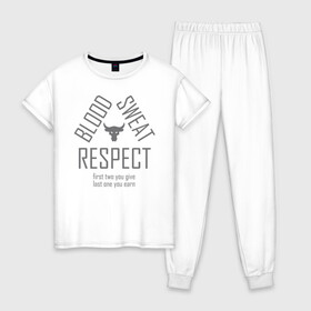 Женская пижама хлопок с принтом Blood Sweat RESPECT в Екатеринбурге, 100% хлопок | брюки и футболка прямого кроя, без карманов, на брюках мягкая резинка на поясе и по низу штанин | blood | bodybuilding | bull | crossfit | dwayne johnson | fitness | gym | logo | motivation | project | respect | sport | star | sweat | the rock | under armour | бодибилдинг | броня | бык | дуэйн джонсон | звезда | качалка | кровь | кроссфит | лого | мот