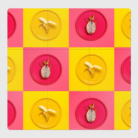 Магнитный плакат 3Х3 с принтом фрукты шахматы в Екатеринбурге, Полимерный материал с магнитным слоем | 9 деталей размером 9*9 см | 3d | банан | вкусняшки | еда | желтый | клетка | розовый | фрукты