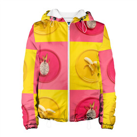 Женская куртка 3D с принтом фрукты шахматы в Екатеринбурге, ткань верха — 100% полиэстер, подклад — флис | прямой крой, подол и капюшон оформлены резинкой с фиксаторами, два кармана без застежек по бокам, один большой потайной карман на груди. Карман на груди застегивается на липучку | 3d | банан | вкусняшки | еда | желтый | клетка | розовый | фрукты