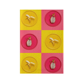 Обложка для паспорта матовая кожа с принтом фрукты шахматы в Екатеринбурге, натуральная матовая кожа | размер 19,3 х 13,7 см; прозрачные пластиковые крепления | Тематика изображения на принте: 3d | банан | вкусняшки | еда | желтый | клетка | розовый | фрукты