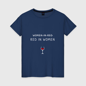 Женская футболка хлопок с принтом RED IN WOOMEN в Екатеринбурге, 100% хлопок | прямой крой, круглый вырез горловины, длина до линии бедер, слегка спущенное плечо | in woomen | red | бокал | в девушке | в женщине | в красном | вино | женщина | красное | полусладкое | сладкое | сухое