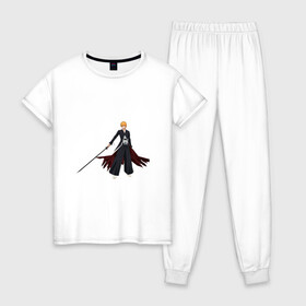 Женская пижама хлопок с принтом Ичиго Куросаки в Екатеринбурге, 100% хлопок | брюки и футболка прямого кроя, без карманов, на брюках мягкая резинка на поясе и по низу штанин | anime | bleach | hero | ichigo kurosaki | manga | блич | герой | ичиго куросаки