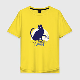 Мужская футболка хлопок Oversize с принтом Бунтующий котик в Екатеринбурге, 100% хлопок | свободный крой, круглый ворот, “спинка” длиннее передней части | black cat | cat | cats | cute | i do what i want | kawaii | kitten | kitty | pussycat | rebel | бунтарь | возмущение | делаю что хочу | злой кот | кавайи | котенок | коты | котята | люблю котов | протест | роняет | роняют | сбрасывает кружку 