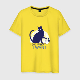 Мужская футболка хлопок с принтом Бунтующий котик в Екатеринбурге, 100% хлопок | прямой крой, круглый вырез горловины, длина до линии бедер, слегка спущенное плечо. | black cat | cat | cats | cute | i do what i want | kawaii | kitten | kitty | pussycat | rebel | бунтарь | возмущение | делаю что хочу | злой кот | кавайи | котенок | коты | котята | люблю котов | протест | роняет | роняют | сбрасывает кружку 