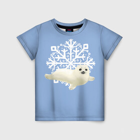 Детская футболка 3D с принтом Беляк в Екатеринбурге, 100% гипоаллергенный полиэфир | прямой крой, круглый вырез горловины, длина до линии бедер, чуть спущенное плечо, ткань немного тянется | белый | беляк | детёныш | зима | лазурно серый | милота | милый | синий | снег | снежинка | тюлень