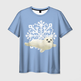 Мужская футболка 3D с принтом Беляк в Екатеринбурге, 100% полиэфир | прямой крой, круглый вырез горловины, длина до линии бедер | белый | беляк | детёныш | зима | лазурно серый | милота | милый | синий | снег | снежинка | тюлень