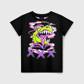 Детская футболка 3D с принтом Кислотный динозавр в Екатеринбурге, 100% гипоаллергенный полиэфир | прямой крой, круглый вырез горловины, длина до линии бедер, чуть спущенное плечо, ткань немного тянется | безумие | динозавр | животные | килоста | кислотный | рекс | тиранозавр | эйфория