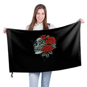Флаг 3D с принтом Череп с цветами в Екатеринбурге, 100% полиэстер | плотность ткани — 95 г/м2, размер — 67 х 109 см. Принт наносится с одной стороны | кости | мертвец | рок | рокнролл | цветы | череп