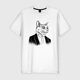 Мужская футболка хлопок Slim с принтом Сэр Кот Джентльмен в Екатеринбурге, 92% хлопок, 8% лайкра | приталенный силуэт, круглый вырез ворота, длина до линии бедра, короткий рукав | black cat | cat | cats | cute | gentleman | kawaii | kitten | kitty | pussycat | sir cat | в костюме | кавайи | котенок | коты | котята | кошка | люблю котов | пиджак | прикол | рисунок кота | черный кот | юмор