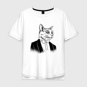 Мужская футболка хлопок Oversize с принтом Сэр Кот Джентльмен в Екатеринбурге, 100% хлопок | свободный крой, круглый ворот, “спинка” длиннее передней части | black cat | cat | cats | cute | gentleman | kawaii | kitten | kitty | pussycat | sir cat | в костюме | кавайи | котенок | коты | котята | кошка | люблю котов | пиджак | прикол | рисунок кота | черный кот | юмор