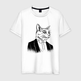 Мужская футболка хлопок с принтом Сэр Кот Джентльмен в Екатеринбурге, 100% хлопок | прямой крой, круглый вырез горловины, длина до линии бедер, слегка спущенное плечо. | black cat | cat | cats | cute | gentleman | kawaii | kitten | kitty | pussycat | sir cat | в костюме | кавайи | котенок | коты | котята | кошка | люблю котов | пиджак | прикол | рисунок кота | черный кот | юмор