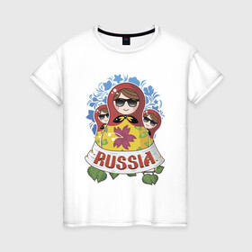 Женская футболка хлопок с принтом Russia в Екатеринбурге, 100% хлопок | прямой крой, круглый вырез горловины, длина до линии бедер, слегка спущенное плечо | russia | матрешки | патриотизм | родина | россия