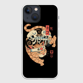 Чехол для iPhone 13 mini с принтом Cat of Death в Екатеринбурге,  |  | Тематика изображения на принте: cat | cats | death | japan | ninja | samurai | shogun | skull | yakuza | катана | кот | котенок | коты | котэ | котята | кошка | ниндзя | самурай | сёгун | череп | якудза | япония