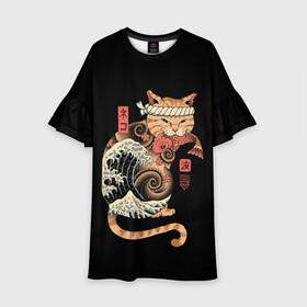 Детское платье 3D с принтом Cat Wave в Екатеринбурге, 100% полиэстер | прямой силуэт, чуть расширенный к низу. Круглая горловина, на рукавах — воланы | Тематика изображения на принте: cat | cats | japan | ninja | samurai | shogun | wave | yakuza | волна | катана | кот | котенок | коты | котэ | котята | кошка | ниндзя | самурай | сёгун | якудза | япония