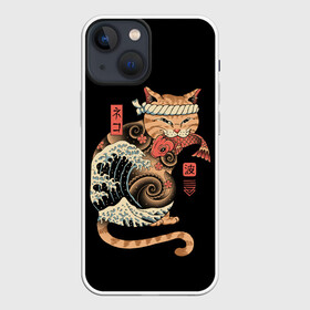 Чехол для iPhone 13 mini с принтом Cat Wave в Екатеринбурге,  |  | Тематика изображения на принте: cat | cats | japan | ninja | samurai | shogun | wave | yakuza | волна | катана | кот | котенок | коты | котэ | котята | кошка | ниндзя | самурай | сёгун | якудза | япония